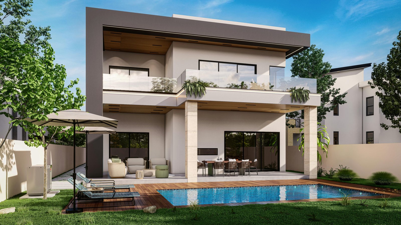 ⁠Réalisation d'une villa contemporaine de luxe avec piscine par une entreprise de construction au Maroc