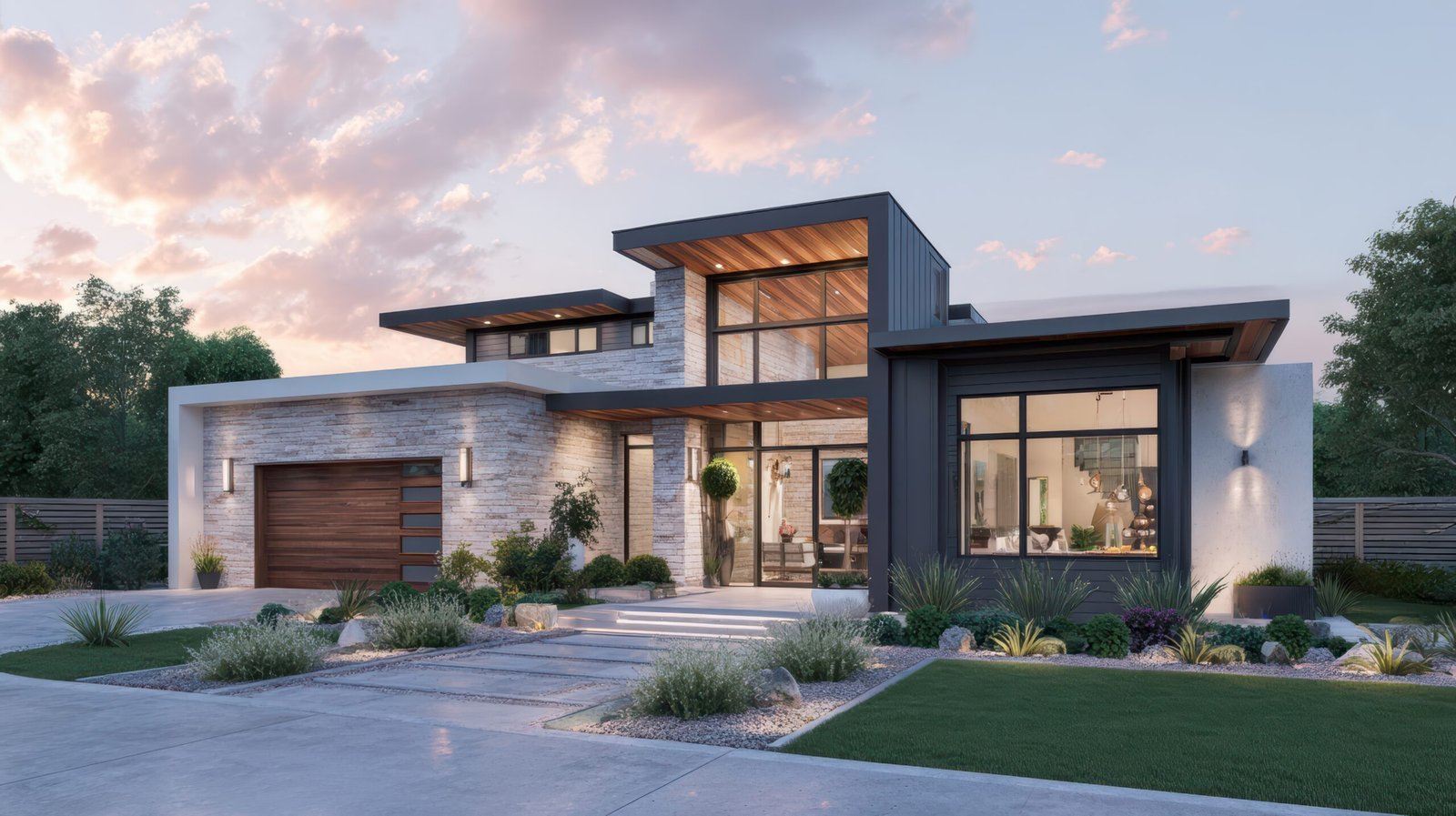 Réalisation d'une villa moderne d'architecte avec grandes baies vitrées, finitions en pierre et aménagement paysager par l'entreprise AT Construction.