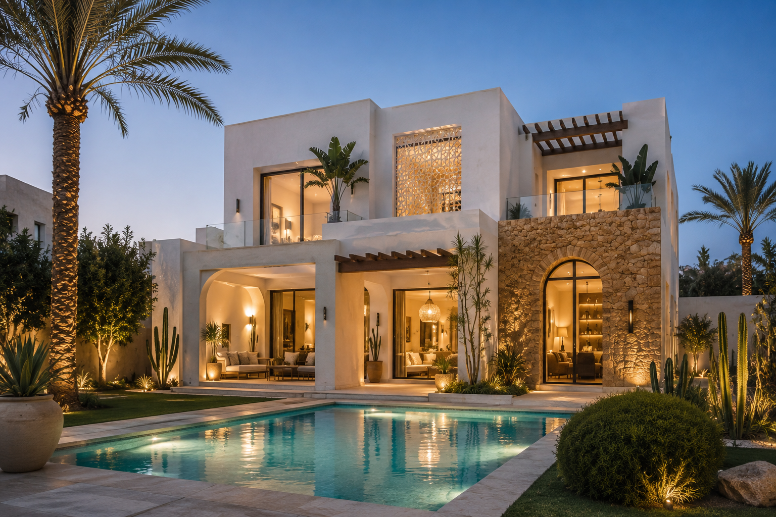 ⁠Belle villa moderne de luxe avec piscine éclairée la nuit, construite par notre entreprise de construction⁠