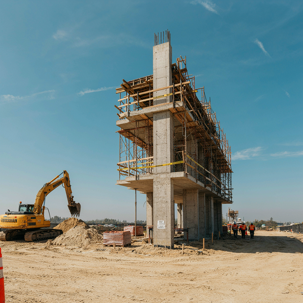 chantier de construction d'un batiment moderne avec pelleteuse